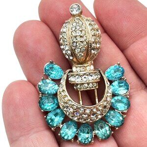 Antique Womens Fur Clip Gold Tone Metal Blue Rhinestones Unique Rare Unsigned